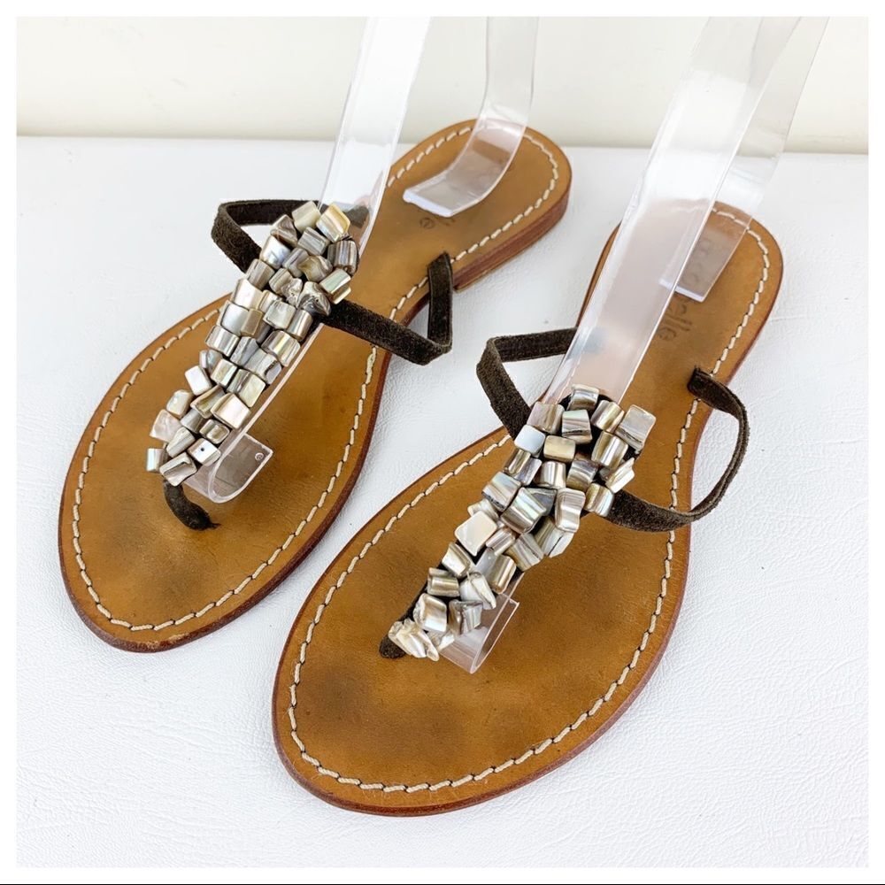 Cocobelle Brown Suede Leather Stone Beaded Thong Flat Sandal 10‎